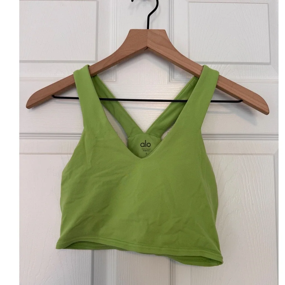 Alo Yoga Airbrush Real Bra Tank Lime Green Nylon Spandex V-Neck Cropped Yoga Top